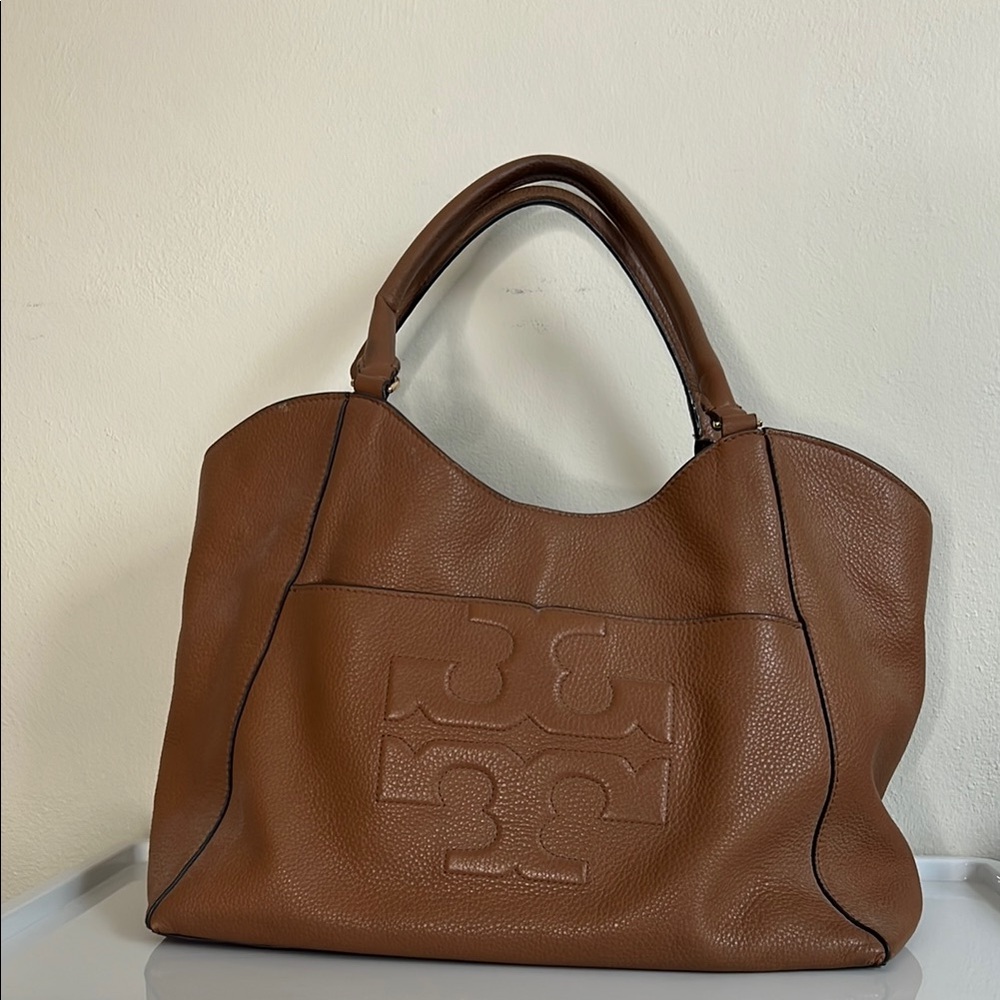 Tory Burch Brown Leather Tote with Embossed Logo